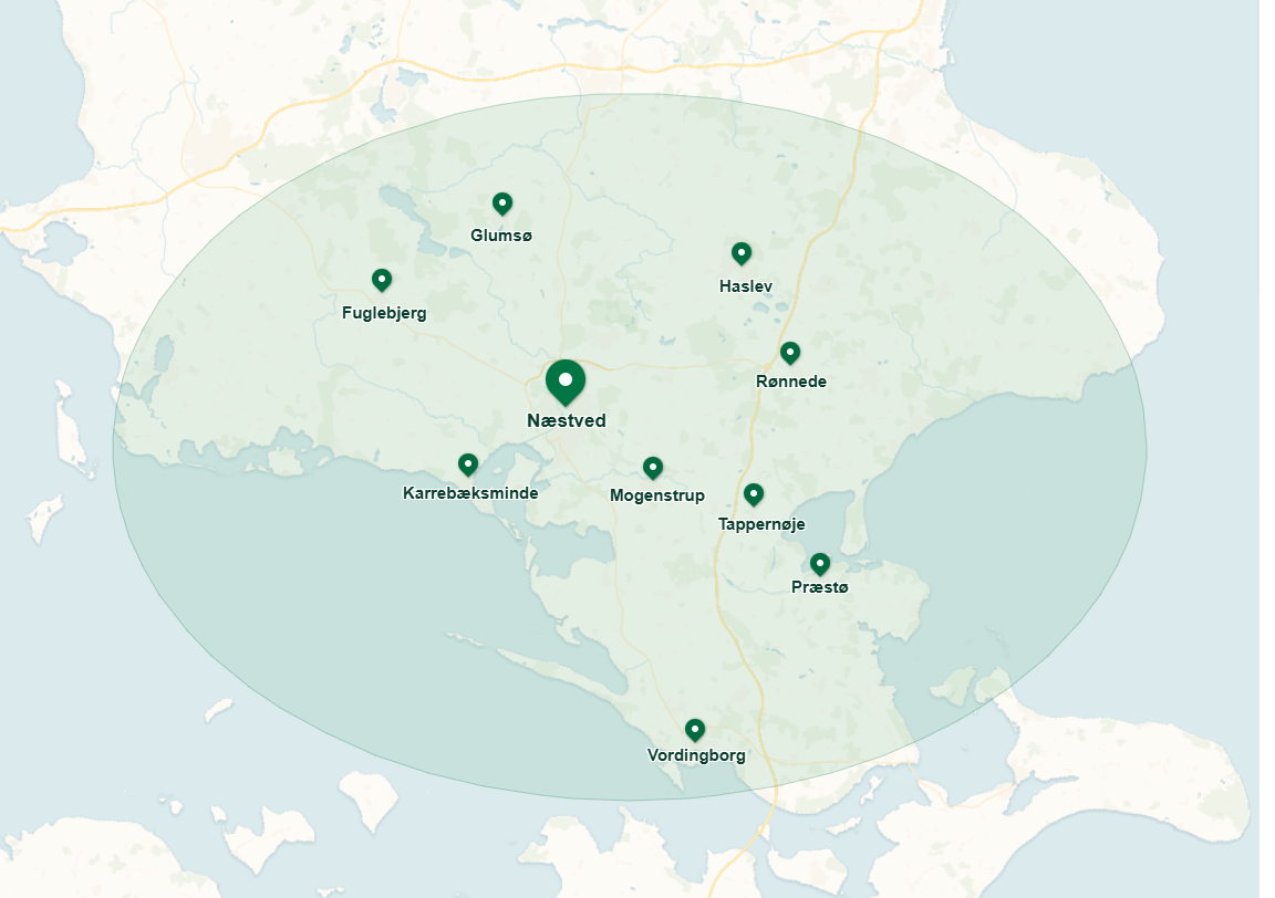 Områdekort for Klartglas.dk med vinduespudsning i Næstved, Vordingborg, Præstø, Haslev, Rønnede, Tappernøje, Mogenstrup, Karrebæksminde, Fuglebjerg og Glumsø